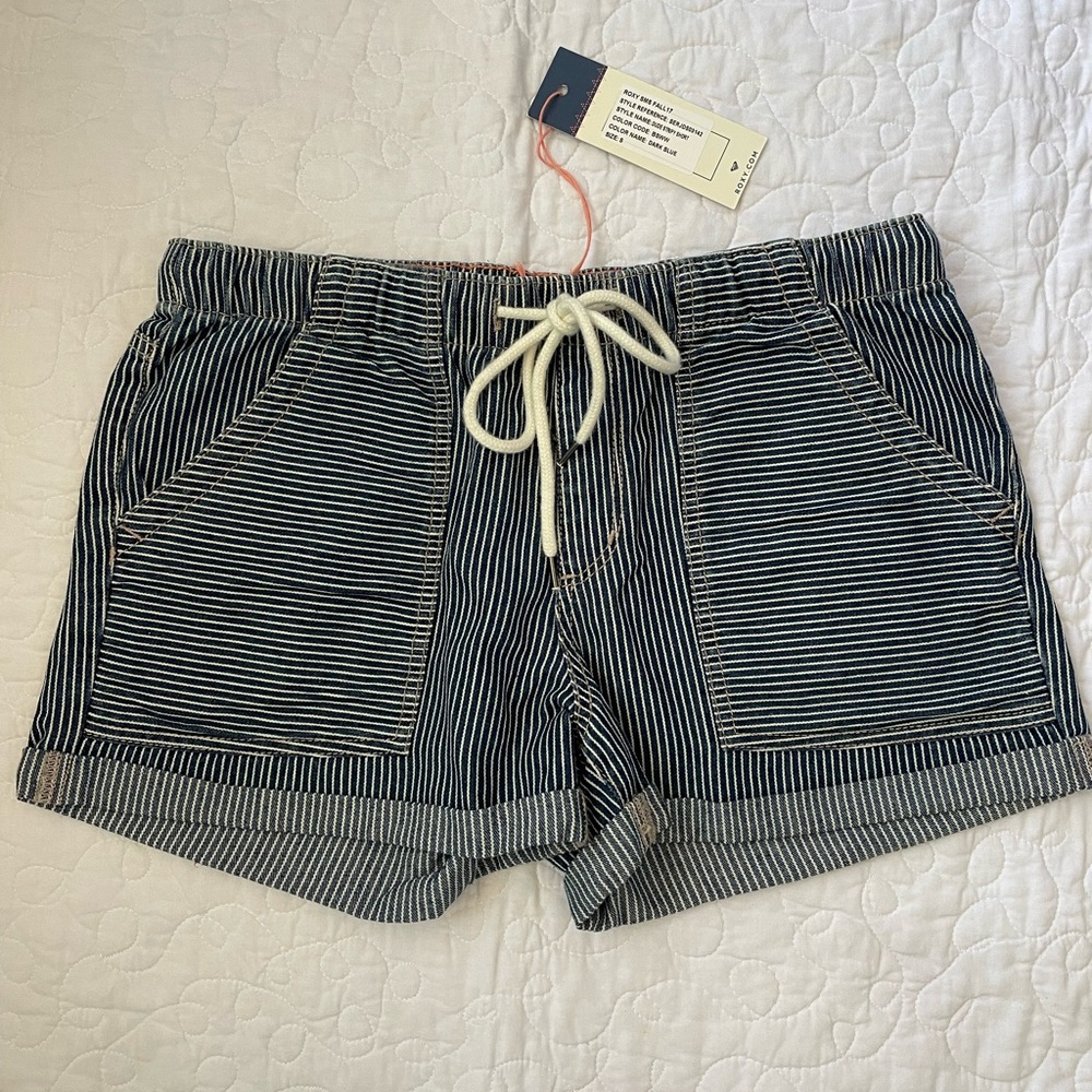 NWT Roxy Dark Blue and White Striped Drawstring Denim Jean Shorts